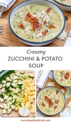 creamy zucchini and potato soup is shown in four different pictures, including the bowl