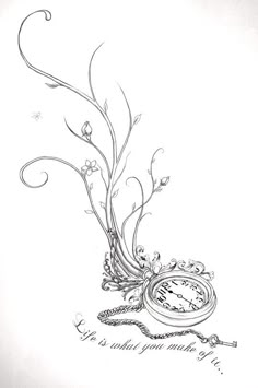 a drawing of a clock and some flowers