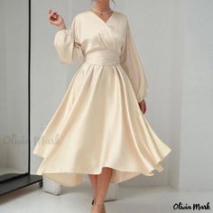 Olivia Mark - Sculpted Waist Bubble Sleeve Satin Midi Dress Shrug For Dresses, Formal Evening Wear, Long Sleeve Evening Gowns, Long Formal Gowns, Formal Dresses With Sleeves, Long Knitted Dress, Long Sleeve Dress Formal, Long Cut, Bubble Sleeve