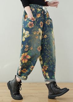 French Navy elastic waist drawstring pockets Print Denim Pants Spring