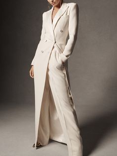 Affordable price buy Blazers on Stylewe, SPU: 11OBL8GB468, Color: Off White, Waistlines:Natural, Silhouette:X-Line. Wide Leg Pant Suit, White Suit, Party Kleidung, Long Blazer, Pant Suit, Moda Vintage, Wide Leg Pant, Coco Chanel, Long Coat