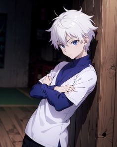 an anime character with white hair standing in front of a wooden wall and looking at the camera