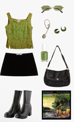 Fleetwood mac, outfit inspo, forest green, aesthetic, cool girl, lesbian green, black boots, vintage, it girl, glasses, green and black, fit, it girl, witch Green And Black Concert Outfits, Black And Green Alt Outfit, Green Eras Tour Outfit, Fleetwood Mac Inspired Outfits, Outfit Inspo For Concert, Fleetwood Mac Aesthetic Outfit, Fleetwood Mac Outfit Ideas, Polyvore Outfits Vintage, Fleetwood Mac Outfit