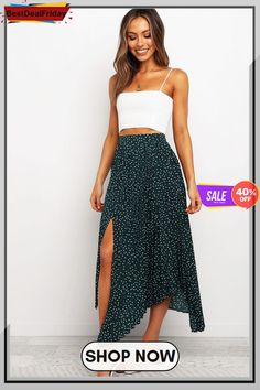 Bestdealfriday Green Fashion Print Side Slit Pleated Maxi Skirt P1483172 Green Summer Skirt, Latest Skirts, Pleated Maxi Skirt, Irregular Hem, Patch Work, Pleated Maxi, Green Fashion, Outfits Casuales, Skirt Fashion