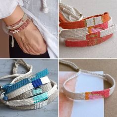 four different types of bracelets are shown in three pictures, one is white and the other is orange