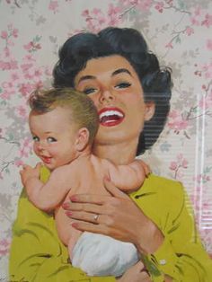 a painting of a woman holding a baby in her arms with flowers on the background