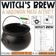 witch's brew halloween math activity for kids to practice addition and subtraction