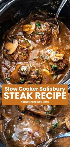 slow cooker salisbury steak recipe in a crock pot with text overlay that reads slow cooker salisbury steak recipe