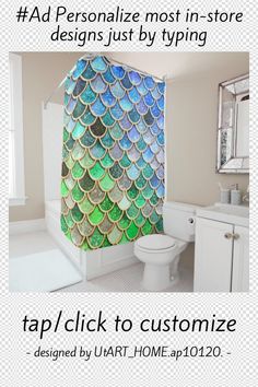 a bathroom with a shower curtain that has mermaid scales on it and the words tap / click to get yours designed by urt home