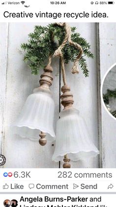 two lights hanging from the side of a white wall next to a window with an ad for creative vintage recycle idea