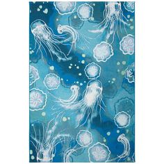 a blue and white rug with jellyfish on it