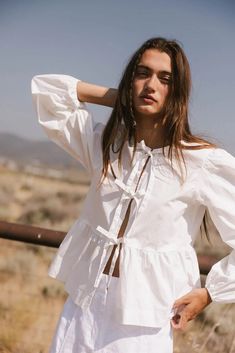 Maggie Peplum Tie Blouse in White | böhme Increase Bust Size, Ruffle Sweater, Peplum Styling, Peplum Styles, Pleated Blouse, Fashion Wishlist, Rounded Neckline, Tie Blouse, Floral Crop Tops