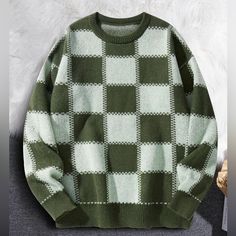 Dark Green And White Plaid Checkered Sweater 100% Polyester Size Small Brand New Mens Sage Green Sweater, Matt Sturniolo Wearing Dinosaur Sweater, Plade Sweater, Sweaters For Fall, Checkered Sweater, Grandpa Sweater, Plaid Sweater, Sweater Men, Mens Green