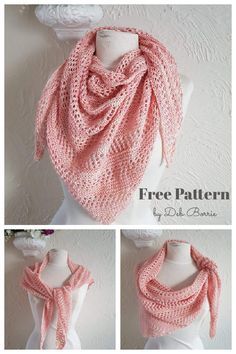 three pictures of a pink scarf on top of a mannequin