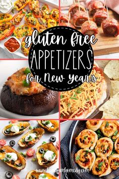 a collage of different appetizers for new year's eve with text that reads gluten - free appetizers for new years