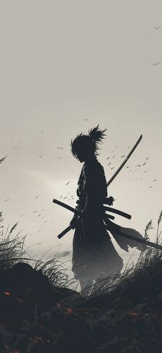 the silhouette of a person with two swords in their hands, walking through tall grass