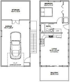 the floor plan for a two story house with an attached garage and living room area