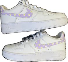 Hand Painted Purple Sneakers With Round Toe, White Custom Sneakers With Rubber Sole For Spring, White And Yellow Flowers, Nike Shoes Women, Shoe Size Chart, Yellow Flowers, Nike Women, Dj, Lavender