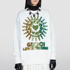 The Details: Gucci Love Parade Sequinned Sweatshirt From Gucci Featuring White, Cotton, Jersey Knit, Sequin Embellishment, Crew Neck And Long Sleeves. Brand Style Id: 617964xjen5 Size Xs Oversized Fit Brand New With Tags 0 Imperfections Because It Is New! Made In Italy 100% Authentic Sold Out In Stores! Will Be Sent To Posh For An Authenticity Check! Same Or Next Day Shipping White Gucci Tops For Winter, Gucci Graphic Print Long Sleeve Sweatshirt, Gucci Crew Neck Sweatshirt With Graphic Print, Gucci White Crew Neck Sweatshirt, White Gucci Sweatshirt With Long Sleeves, Designer Embellished Long Sleeve Tops, Gucci Long Sleeve Winter Top, Gucci Long Sleeve Tops For Fall, Gucci Crew Neck Sweatshirt For Fall