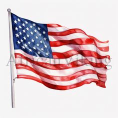 an american flag flying in the wind with white stars on it's side and red, white, and blue stripes