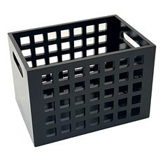 a black plastic container with squares on the bottom and sides is shown in front of a white background