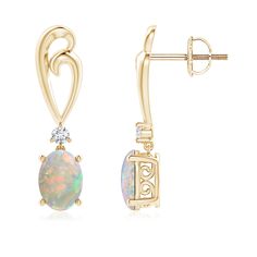 Suspended from a contemporarily designed heart shaped motif is a fascinatingly beautiful opal. Set in 14K yellow gold, the oval opal enthralls with its play of colors. A brilliant cut round diamond is placed right below the heart motif, adding a hint of sparkle to these oval opal earrings. Gold Bracelet Indian, Gold Earrings Aesthetic, Diamond Ring Shape, Modern Gold Ring, Statement Earrings Wedding, Plain Gold Ring, Opal Drop Earrings, Antique Diamond Rings, Heart Motif