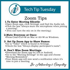 the tech tip tuesday poster for zoom tips, with instructions to use it in an office setting