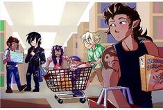 an animated image of people standing around with a shopping cart in front of them and one person holding a book