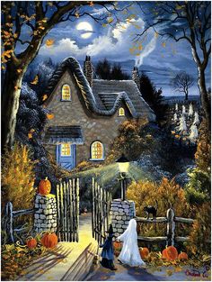 a painting of a house with pumpkins on the ground and people standing outside it