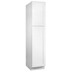 a tall white cabinet with two doors on the front and one door in the back