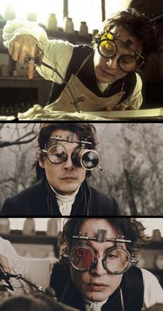 three different pictures of people with goggles and eyeglasses on their faces, one is looking at the camera