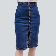 Introducing the 2023 Spring-Summer Collection's Pre-millennium-inspired knee-length denim skirt a classic conventional for the vogue fashionista!Why You'll Love ItThis denim skirt offers a unique blend of trend and comfort. making it the perfect addition to any outfit. Its high-waisted fit and buttoned closure accentuate your curves and flaunt your figure. while its stretchy fabric ensures you stay comfortable and confident all day full-length.Distinctive Features 90s-inspired: Embrace the nosta Summer Denim Knee-length Skirt, Denim Blue Knee-length Skirt, Non-stretch Denim Knee-length Skirt, Non-stretch Denim Skirt With Button Closure, Cotton Denim Skirt With Button Zip Fly, Denim Blue Cotton Skirt With Button Zip Fly, Denim Blue Cotton Denim Skirt With Button Zip Fly, Spring Knee-length Denim Blue Skirt, Summer Midi Denim Skirt