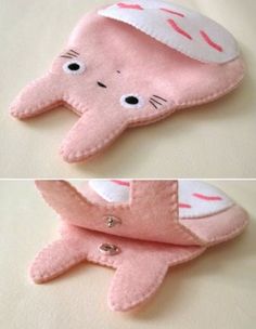 two pictures of the same pink stuffed animal