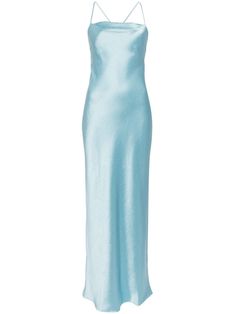 blue satin finish rear criss-cross straps cowl neck tie-fastening straps straight hem Elegant Blue Slip Dress With Tie Back, Elegant Blue Tie Back Slip Dress, Blue Slip Dress With Tie Back And Spaghetti Straps, Blue Tie Back Slip Dress For Night Out, Chic Blue Satin Dress, Blue Fitted Sleek Slip Dress, Blue Fitted Slip Dress With Sleek Style, Blue Satin Slip Dress With Spaghetti Straps, Sleek Fitted Blue Slip Dress