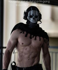 a shirtless man wearing a skull mask and black gloves with the words, you better start studying on i'm going to put my birthday back on