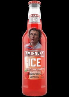 a bottle of strawberry ice with a man sticking his tongue out and an advertisement on it