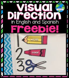 a poster with scissors and pencils on it that says visual direction in english and spanish freebie