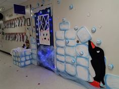 a room decorated with ice blocks and decorations