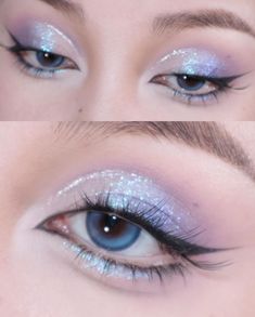 Opal Eye Makeup, Light Blue And Silver Eye Makeup, Ice Makeup Looks, Trilogy Tour Makeup, Frosted Makeup, Silver Eye Makeup, Makeup Charts, Vampire Bride, Doll Eye Makeup