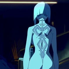 an animated image of a woman with white hair and blue skin, standing in the dark