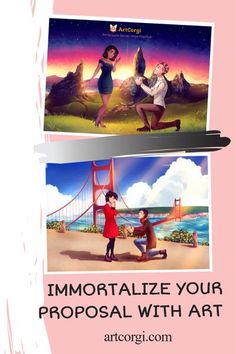 two pictures with the words, immortialize your proposal with art