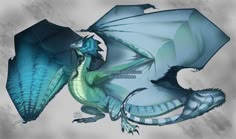 a blue and green dragon sitting on top of a cloud filled sky with an umbrella