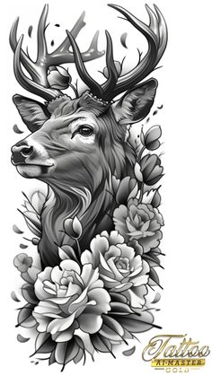 a deer with antlers and flowers on it's head is shown in black and white