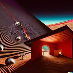 an image of a house in the desert with balls on it's roof and walls