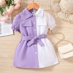 * Colorblock & Button Design
* Soft and comfy
* Includes: 1*dress
* Material: 100% Polyester
* Machine wash, tumble dry
* Imported Children Fashion Sketch, Belted Dresses, Colorblock Shirt, Purple Girls Dress, Toddler Girl Summer, Dresses Purple, Kids Dress Wear, Summer Outfits Kids, Girls Pink Dress