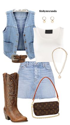 NASHVILLE OOTD #outfitinspo #nashville #denim Western Clubbing Outfit, Nashville Outfits Brown Boots, Nashville Outfits Aesthetic, Flatland Cavalry Concert Outfit, Denim Nashville Outfit, Cowboy Theme Outfit Woman, Western Denim Outfit, Most Wanted Tour Outfits, Nashville Tennessee Outfits Summer