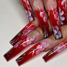 Red Flower Nails, Mexico Nails, Xl Nails, Quinceanera Nails, Long Acrylic Nail Designs, Drip Nails