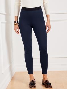 Talbots Soho Leggings. The modern, go-everywhere legging. Sculpting ponte knit fabric shapes and smooths. Features Legging Skinny leg Hits Mid Rise Ankle length Pull on closure Imported Fit: Misses: 28"; Petite: 25 1/2"; Plus: 28"; Plus Petite: 25 1/2" Material: 67% Rayon, 29% Nylon, 4% Spandex Care: Machine wash cold; only non-chlorine bleach when needed; reshape, lay flat to dry; warm iron with steam if needed | Talbots Soho Leggings - Solid Ankle Pants, Soho, Modern Classic, Ankle Length, Stretch Denim, Lay Flat, Business Casual, Pant Jumpsuit, Size 16