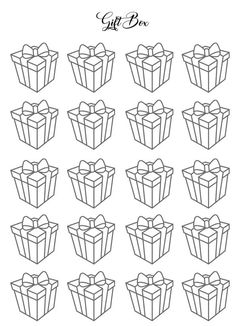 twelve gift boxes with bows and ribbons in black and white, on a white background