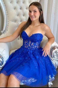 Modsele this short formal dress features a strapless sweetheart neckline, lace-up back, and A-line skirt.#hoco2023#homecomingdresses#formaldresses#homecoming#schooleventdress#holidaydress#graduationdress#cocktaildress Royal Blue Prom Dress Short, Blue Prom Dress Short, Royal Blue Prom Dress, Prom Dress Short, Pink Lace Shorts, Royal Blue Prom, Tulle Material, Tulle Homecoming Dress, Mini Party